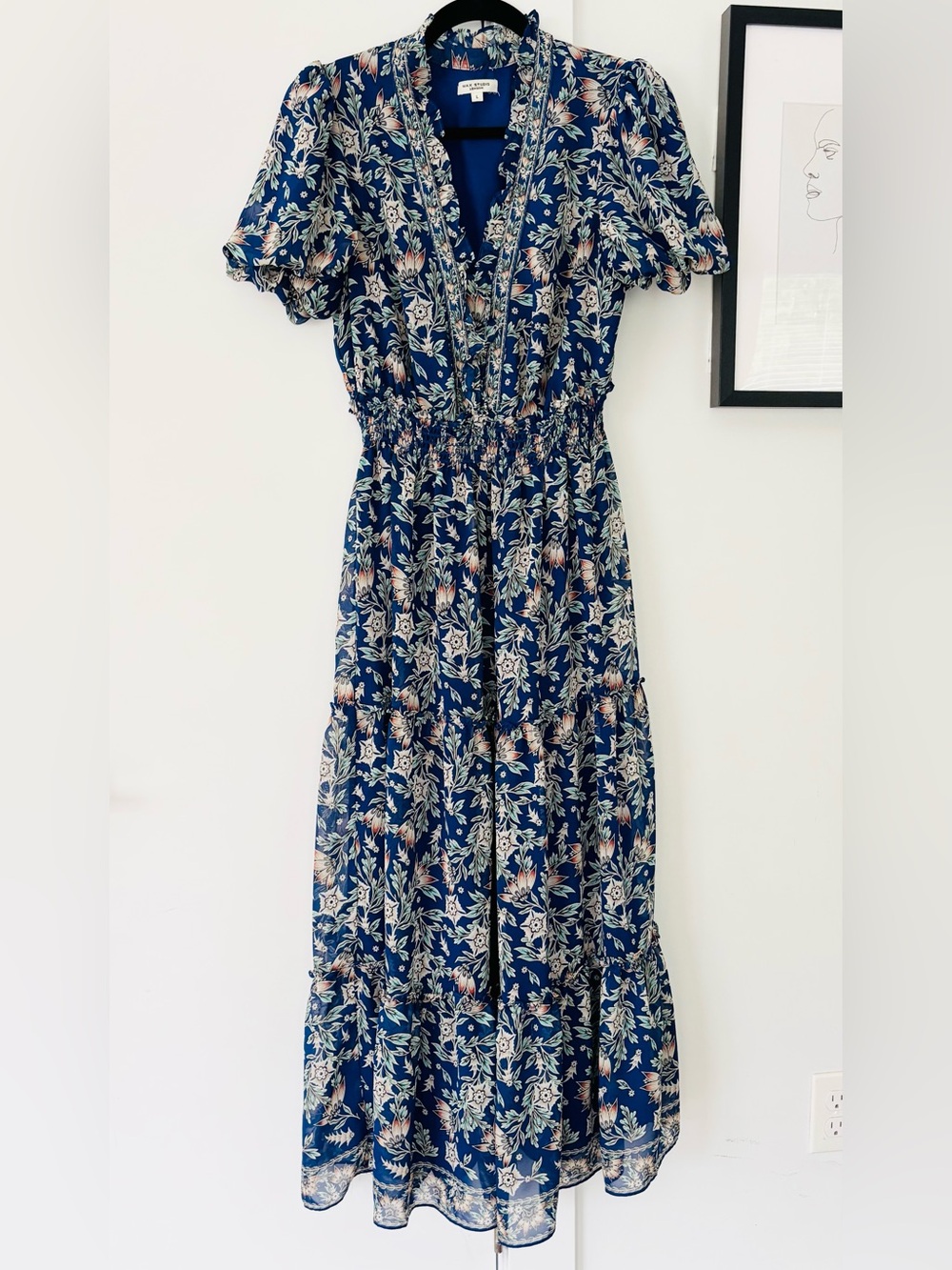 Max Studio London Blue floral botanical tiered puff sleeve Maxi dress size large